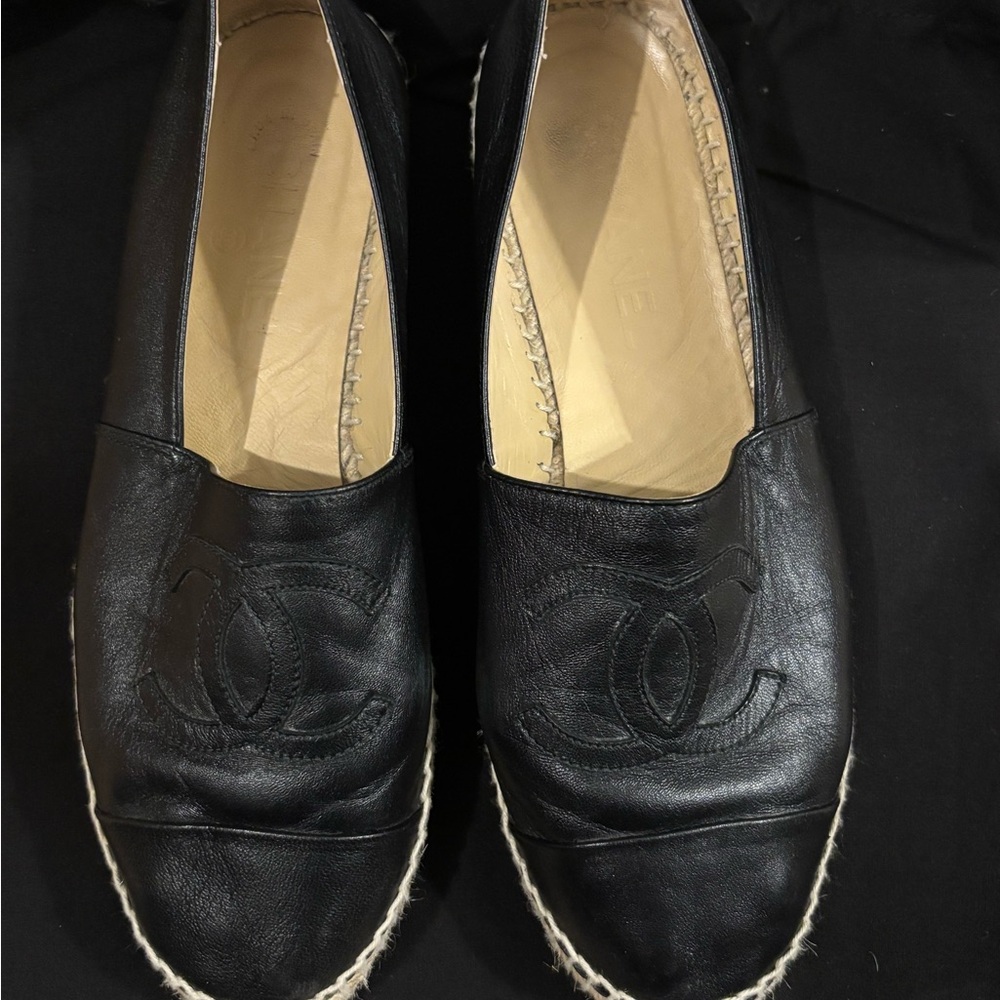 CHANEL Black Leather Espadrilles